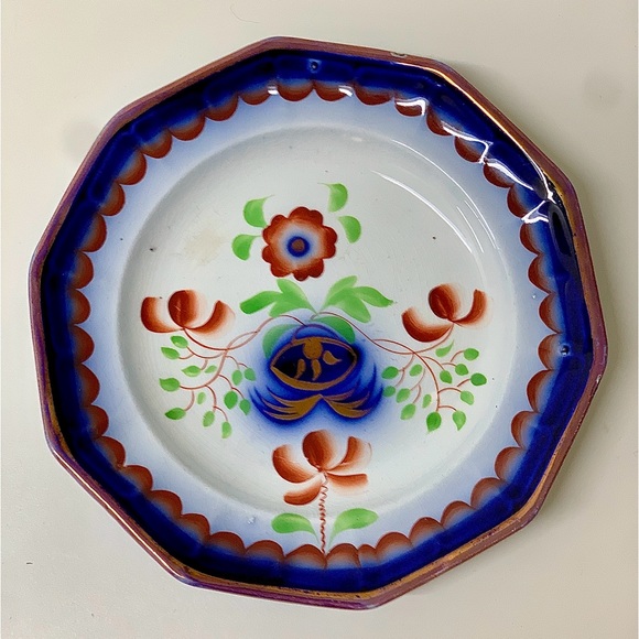 19th Century Gaudy Ironstone 10 Sided Flow Blue "Pearl White" Impressed Plate - Picture 7 of 13